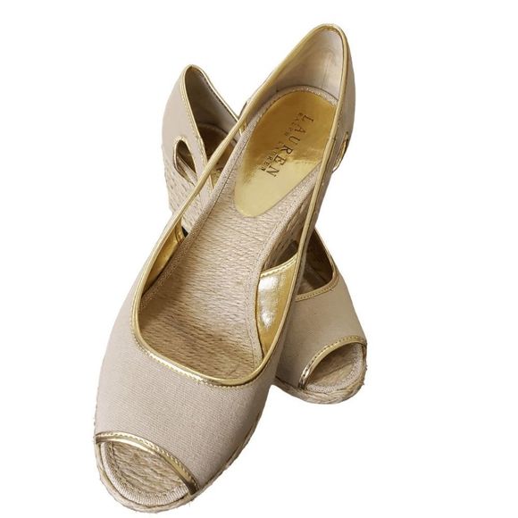 Sh150 Ralph Lauren Tan Wedge High Heel Shoe Size 9 - Picture 2 of 7